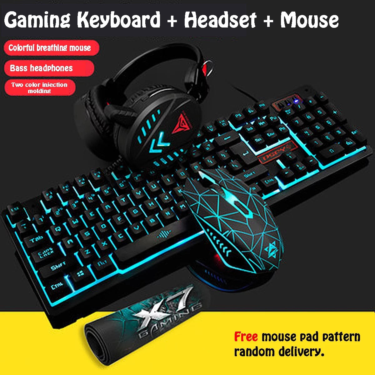 Gaming Keyboard and Mouse Combo with Headset, K59 RGB Backlit 3 Colors Keyboard, 6 Button 4DPI USB Wired Gaming Mouse, Lighted Gaming Headset with Microphone Set for Gamer