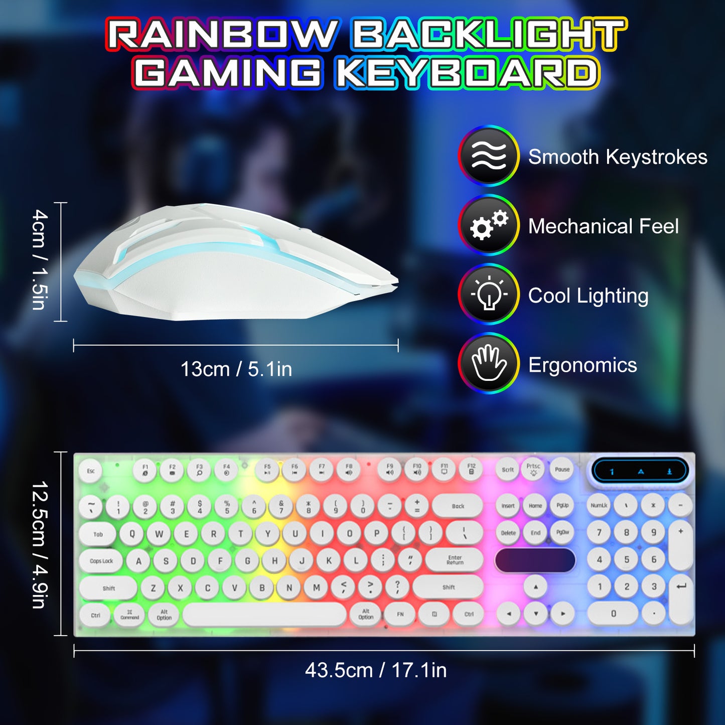 Typewriter Gaming , Retro Punk round Keycaps LED Backlit USB Wired Computer Keyboard for Game and Office, for Windows Laptop PC, Red Switches (White)