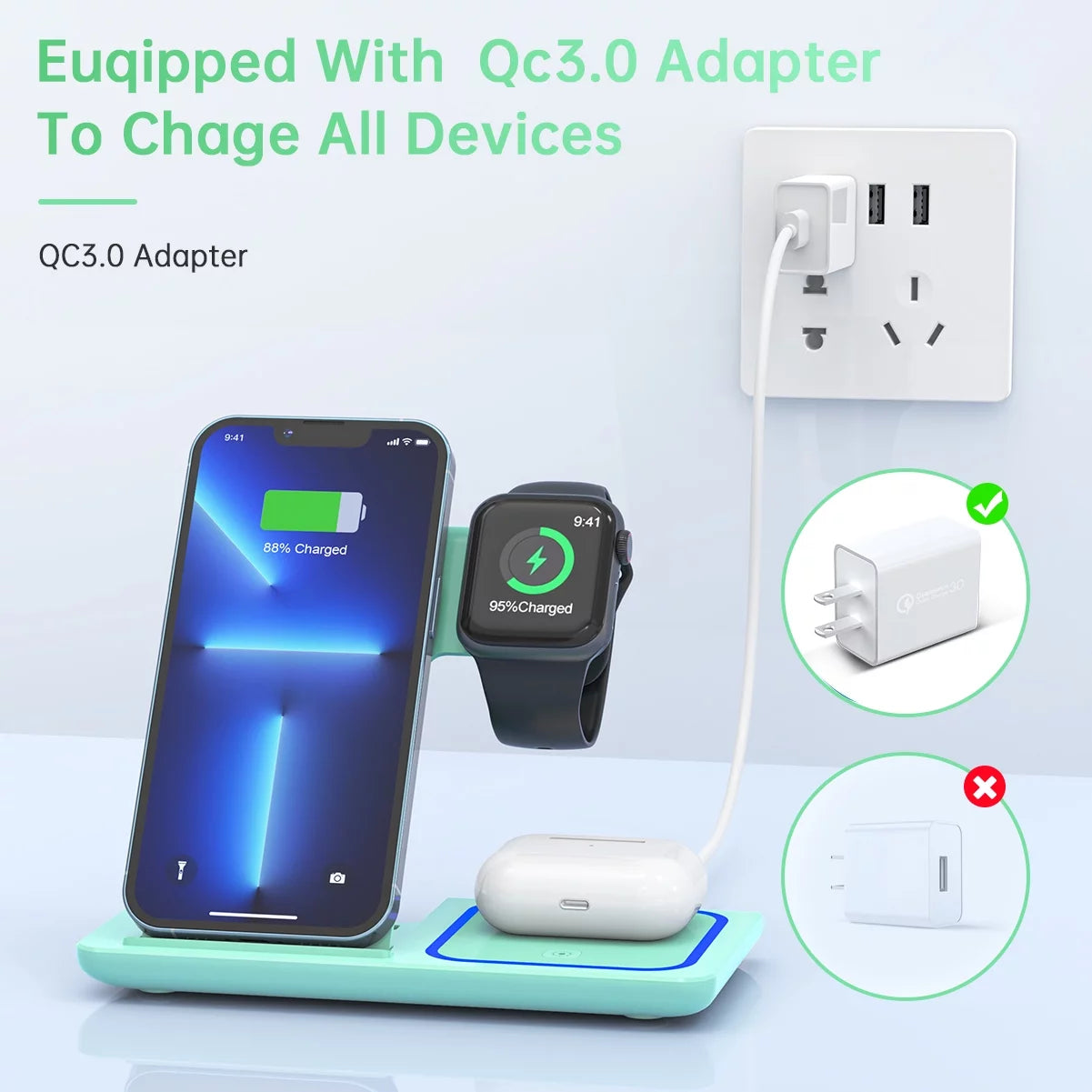 Wireless Charger, 18W Fast Iphone Charging Station for Iphone 16/15/14/13/12 /11/Pro Max/Plus, 3 in 1 Wireless Charging Stand for Iwatch Series SE 10/9/8/7/6/5/4/3, Airpods Pro/3/2 (W/ QC3.0 Adapter)