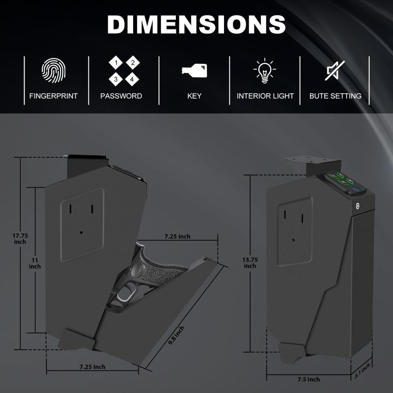 Biometric Mounted Gun Safe for Nightstand, Desk, Bed Side, Wall,Truck - Auto Open Hidden Handgun Safe-With Fingerprint, 4-Button Backlit Keypad, KEY Lockbox Bedside Safe Hidden Safe